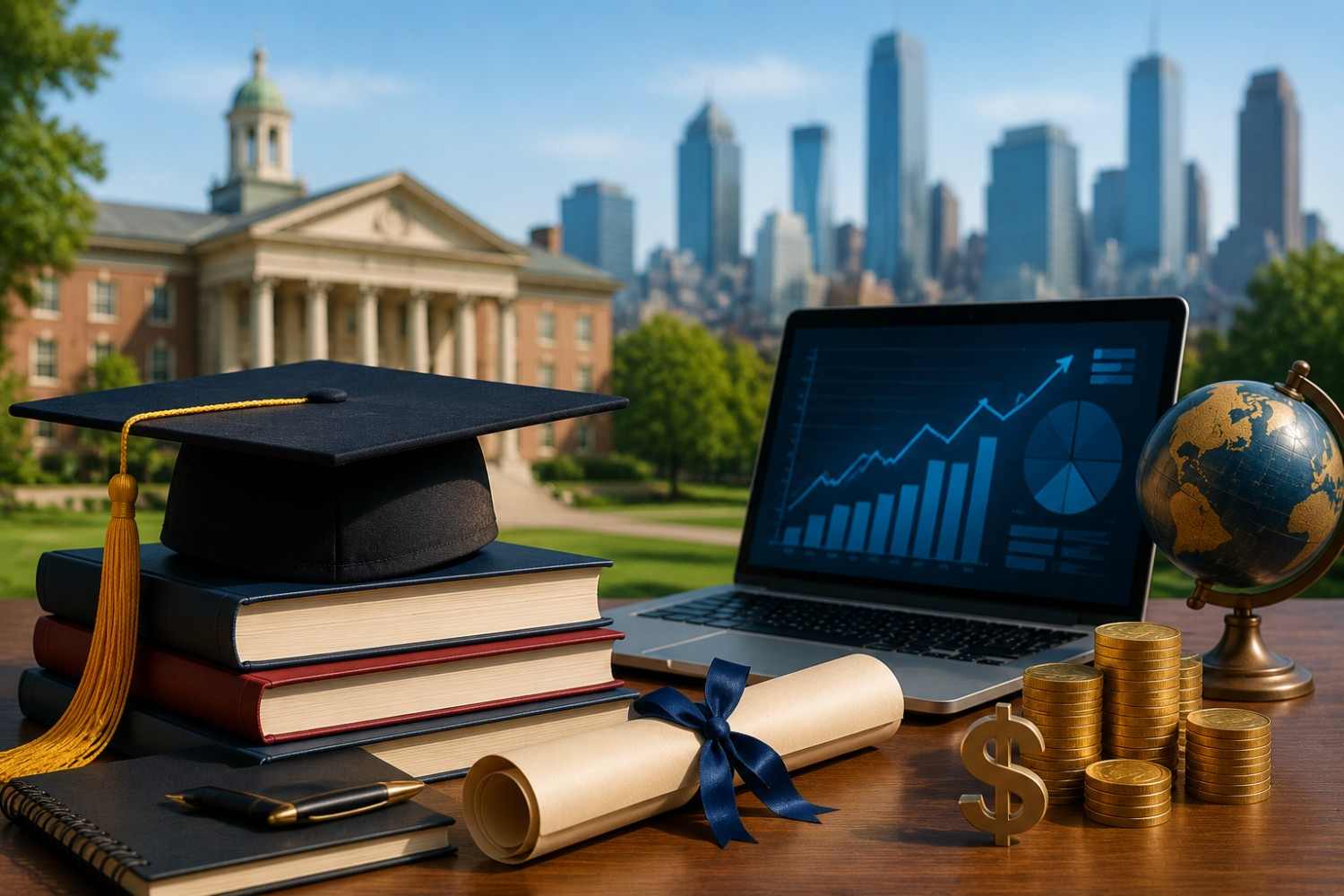 MBA in Finance pathway at US business schools with graduation cap, financial charts on laptop, books, diploma, globe and coins representing business education and finance careers.